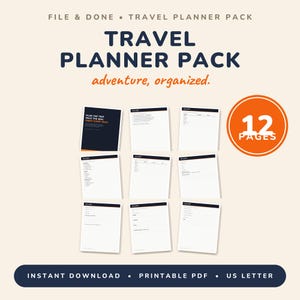 May include: A travel planner pack featuring 12 pages of printable PDF templates in US letter size. The collection includes a dark cover with the text "PLAN THE TRIP. PACK THE BAG. ENJOY EVERY MILE." and various organizational forms.