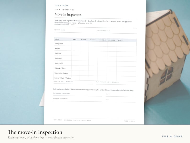 May include: A white Move-In Inspection form with black text and a grid for room-by-room assessment, including columns for walls, floors, ceilings, windows, and fixtures. The document features fields for tenant names, dates, and signatures.