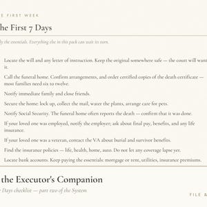 K&ouml;nnte beinhalten: Eine Checkliste mit dem Titel The First 7 Days aus dem Executor's Companion. Das Dokument listet Aufgaben auf, darunter das Auffinden eines Testaments, die Kontaktaufnahme mit einem Bestattungsinstitut, die Benachrichtigung der Familie und die Verwaltung von Konten.