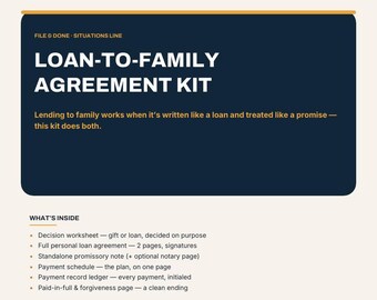 Kit de acuerdo de préstamo familiar / Contrato de préstamo personal, pagaré, registro de pagos / PDF imprimible y rellenable