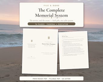 Könnte beinhalten: Ein 76-seitiges digitales Gedenksystem-Dokument mit dem Titel File & Done The Complete Memorial System. Es enthält einen Bestattungs- und Nachlassverwalter-Leitfaden, ein Gedenkprogramm für Eleanor Marie Thompson und eine Checkliste.