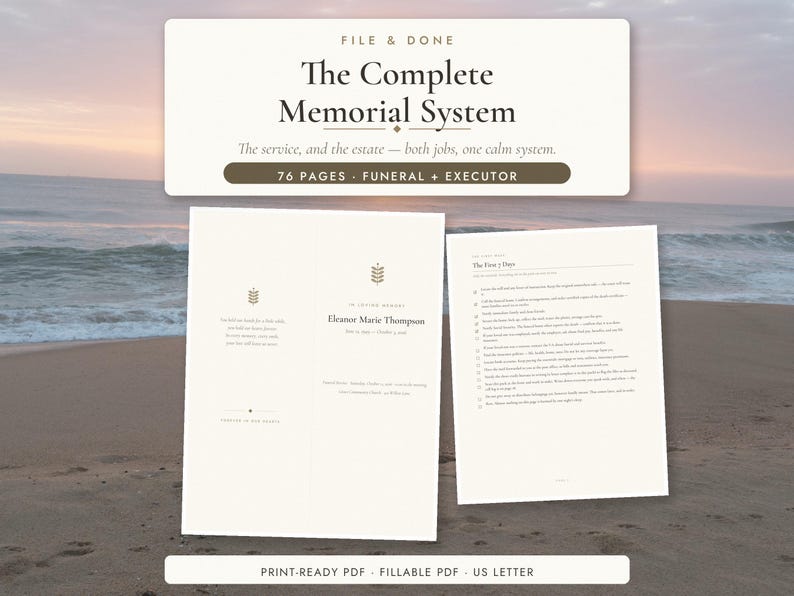 K&ouml;nnte beinhalten: Ein 76-seitiges digitales Gedenksystem-Dokument mit dem Titel File & Done The Complete Memorial System. Es enth&auml;lt einen Bestattungs- und Nachlassverwalter-Leitfaden, ein Gedenkprogramm f&uuml;r Eleanor Marie Thompson und eine Checkliste.