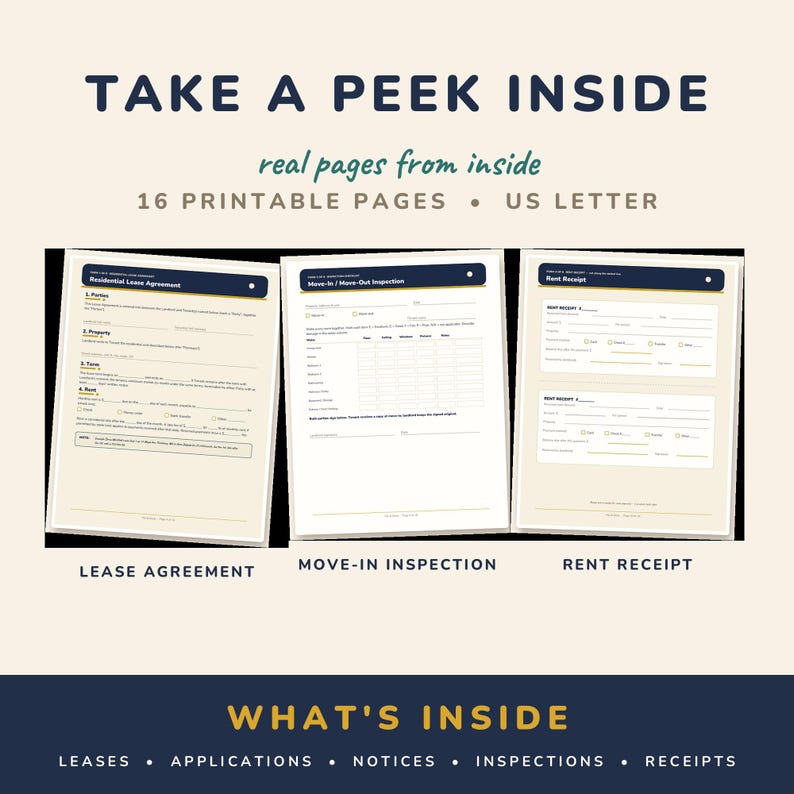 May include: A set of 16 printable US letter pages including a residential lease agreement, move-in/move-out inspection form, and rent receipt. The documents feature dark blue headers with white text and organized fields for property management.