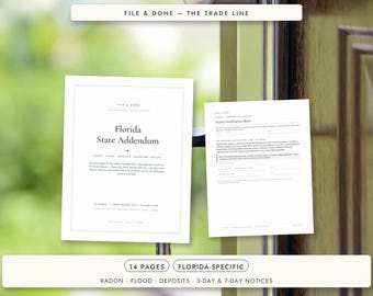 May include: A white document titled Florida State Addendum with black text, featuring sections for radon, flood, deposits, and statutory notices. The document includes 14 pages, is print-ready, and fillable. A second page shows a Radon Notification Sheet.