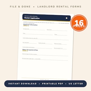 May include: A 16-page printable rental application form for landlords, featuring a dark blue header with white text. The document includes fields for applicant information, current address, and other occupants and pets in US letter format.