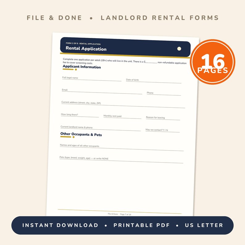 May include: A 16-page printable rental application form for landlords, featuring a dark blue header with white text. The document includes fields for applicant information, current address, and other occupants and pets in US letter format.