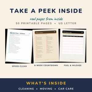 Pu&ograve; includere: Tre pagine stampabili in formato US letter con una lista di controllo Daily Speed-Clean, un programma 8-Week Countdown e un Fuel & Mileage Tracker. Il testo recita TAKE A PEEK INSIDE, real pages from inside, 50 PRINTABLE PAGES, US LETTER.