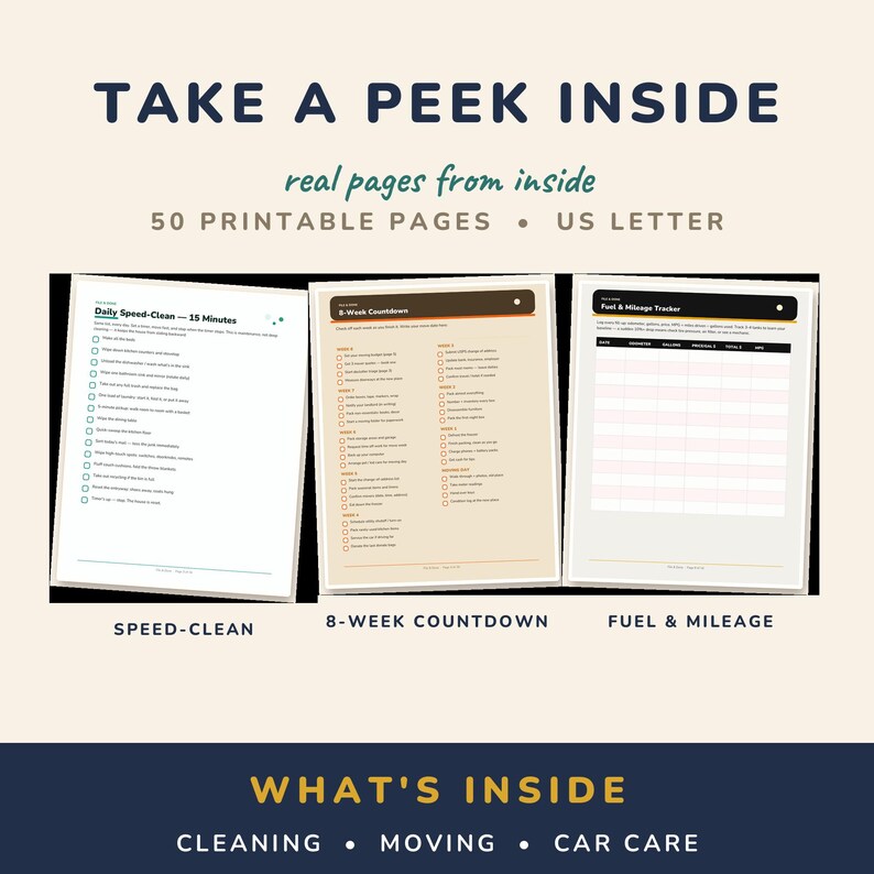 Pu&ograve; includere: Tre pagine stampabili in formato US letter con una lista di controllo Daily Speed-Clean, un programma 8-Week Countdown e un Fuel & Mileage Tracker. Il testo recita TAKE A PEEK INSIDE, real pages from inside, 50 PRINTABLE PAGES, US LETTER.
