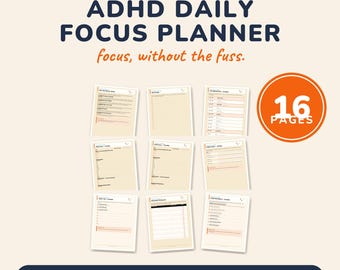 May include: An ADHD daily focus planner pack with 16 pages, featuring a grid of printable US letter PDF sheets. The text reads FILE & DONE, ADHD PLANNER PACK, ADHD DAILY FOCUS PLANNER, focus, without the fuss, 16 PAGES, INSTANT DOWNLOAD, PRINTABLE PDF, US LETTER.
