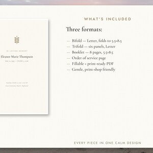 May include: A funeral program template in cream with a leaf icon and the text In Loving Memory, Eleanor Marie Thompson, June 15, 1949 - October 3, 2020. The list includes Bifold, Trifold, Booklet, Order of service, and PDF formats.