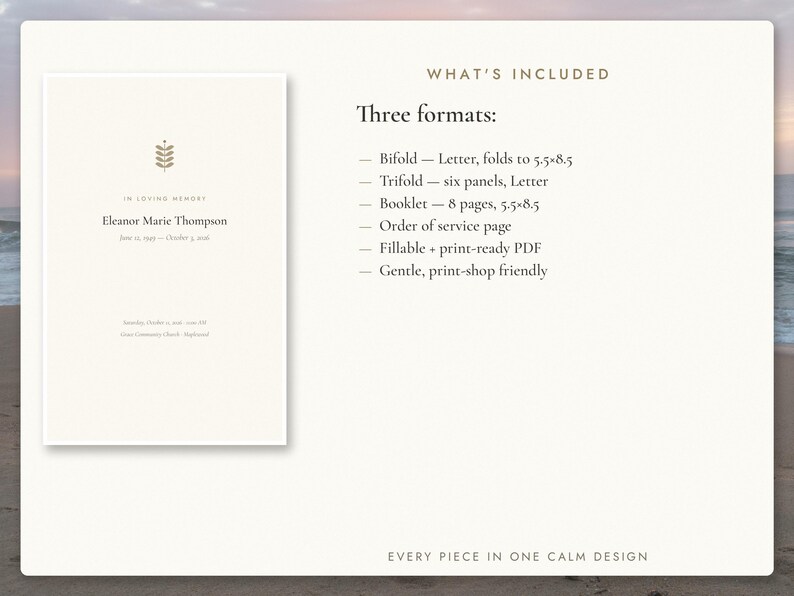 May include: A funeral program template in cream with a leaf icon and the text In Loving Memory, Eleanor Marie Thompson, June 15, 1949 - October 3, 2020. The list includes Bifold, Trifold, Booklet, Order of service, and PDF formats.