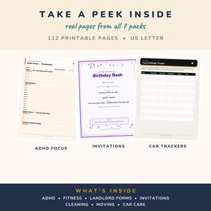 May include: A collection of 112 printable US letter pages featuring ADHD focus planners, birthday party invitations, and fuel and mileage trackers. The text includes Take a Peek Inside, Daily Focus, Birthday Bash, and Fuel and Mileage Tracker.