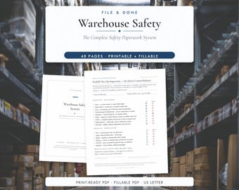 May include: A digital warehouse safety paperwork system featuring a 48-page printable and fillable PDF. The document includes a forklift pre-op inspection checklist with sections for walk-around and before-moving checks on US letter paper.