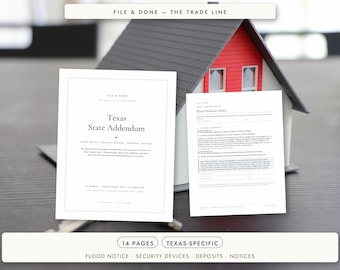 May include: A Texas State Addendum document set featuring 14 pages of legal forms including a Flood Disclosure Notice, security devices, deposits, and notices. The document is displayed alongside a miniature model house with a red exterior.