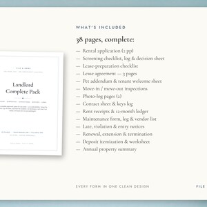 May include: A Landlord Complete Pack document set featuring 38 pages of rental forms including a rental application, lease agreement, inspection sheets, rent receipts, maintenance logs, and notices, all presented in a clean, white, text-based design.