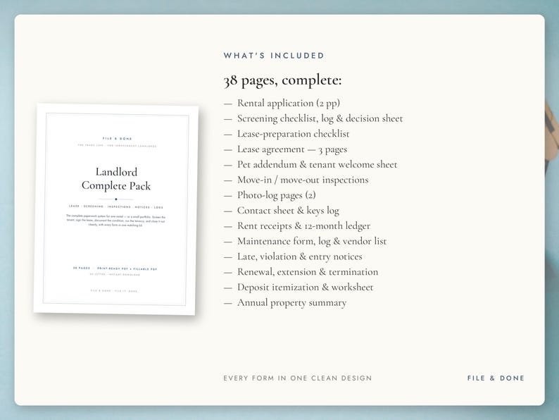 May include: A Landlord Complete Pack document set featuring 38 pages of rental forms including a rental application, lease agreement, inspection sheets, rent receipts, maintenance logs, and notices, all presented in a clean, white, text-based design.