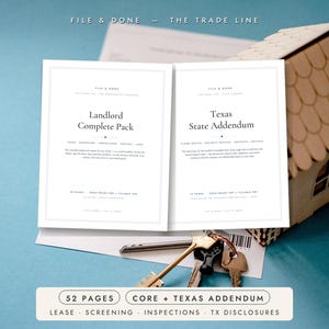 May include: Two white document pages titled Landlord Complete Pack and Texas State Addendum, featuring black text, placed next to a small wooden house model and a set of metal keys on a blue surface. The bottom text reads 52 Pages, Core + Texas Addendum.
