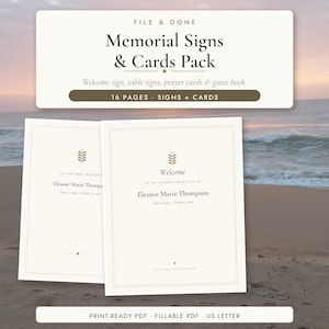 May include: A memorial signs and cards pack featuring 16 pages of printable templates. The off-white cards display the text "Welcome" and "In Loving Memory" with the name "Eleanor Marie Thompson" and a small gold leaf icon.