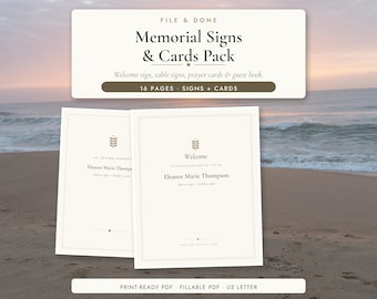 Könnte beinhalten: Ein Set aus Gedenkschildern und Karten mit 16 Seiten druckbarer Vorlagen. Die cremefarbenen Karten zeigen den Text "Welcome" und "In Loving Memory" mit dem Namen "Eleanor Marie Thompson" und einem kleinen goldenen Blattsymbol.