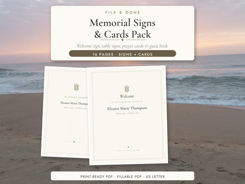 Funeral Welcome Sign + Memorial Signs & Cards | Table Signs, Prayer Cards, Guest Book, Thank You Cards | Printable PDF image 1