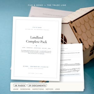 May include: A white document titled Landlord Complete Pack with black text, featuring sections for lease, screening, inspections, notices, and logs. The document is displayed alongside a small wooden house model on a blue background.