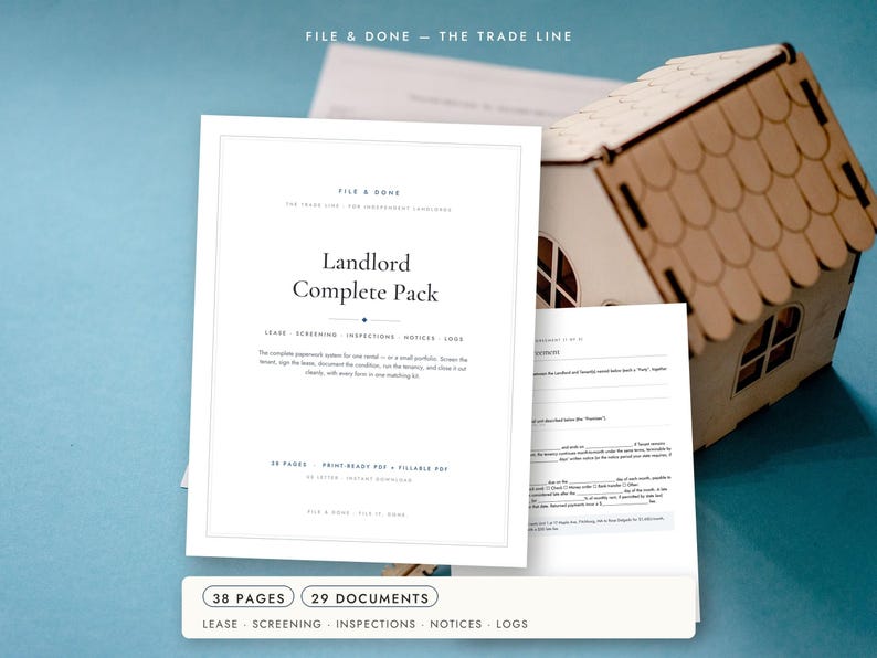 May include: A white document titled Landlord Complete Pack with black text, featuring sections for lease, screening, inspections, notices, and logs. The document is displayed alongside a small wooden house model on a blue background.