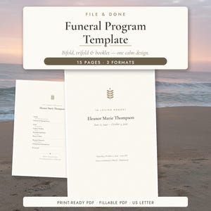 May include: A funeral program template featuring a cream-colored paper design with a small leaf icon, the text "In Loving Memory," and placeholder details for Eleanor Marie Thompson. Includes 15 pages, 3 formats, and print-ready PDF.