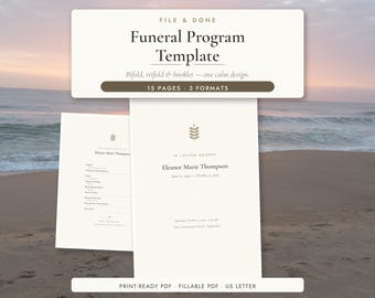 Könnte beinhalten: Eine Trauerprogramm-Vorlage auf cremefarbenem Papier mit einem kleinen Blattsymbol, dem Text "In Loving Memory" und Platzhalterdetails für Eleanor Marie Thompson. Enthält 15 Seiten, 3 Formate und ein druckfertiges PDF.