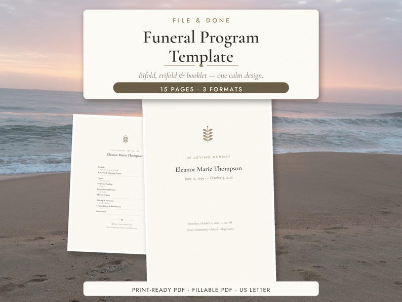 May include: A funeral program template featuring a cream-colored paper design with a small leaf icon, the text "In Loving Memory," and placeholder details for Eleanor Marie Thompson. Includes 15 pages, 3 formats, and print-ready PDF.