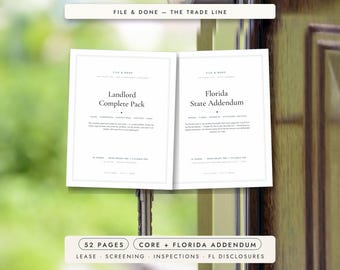 May include: A white document set titled File & Done - The Trade Line, featuring a Landlord Complete Pack and a Florida State Addendum. The pages include text regarding lease, screening, inspections, and disclosures, totaling 52 pages.