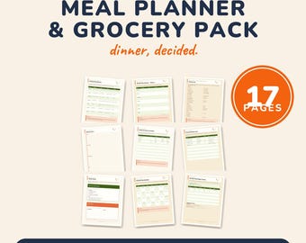 May include: A 17-page meal planner and grocery pack featuring printable PDF sheets. The text reads FILE & DONE, MEAL PLANNER & GROCERY PACK, dinner, decided, and 17 PAGES. The layout includes various organisational templates with green and orange accents.