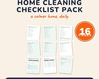Calendario de limpieza imprimible, lista de tareas para la limpieza del hogar, tabla de tareas diarias, semanales y mensuales, planificador de limpieza habitación por habitación en formato PDF.