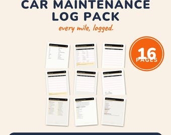 May include: A car maintenance log pack featuring 16 pages of printable US letter documents. The text reads FILE & DONE, CAR MAINTENANCE LOG PACK, every mile, logged, and 16 PAGES. The layout includes nine individual document sheets with grids.
