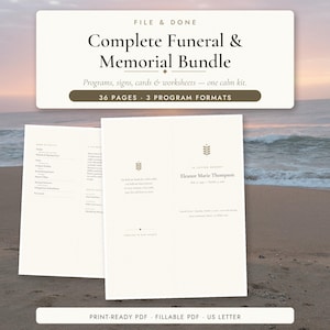 May include: A digital funeral and memorial bundle featuring 36 pages and 3 program formats. The text reads File & Done, Complete Funeral & Memorial Bundle, Programs, signs, cards & worksheets—one calm kit, and Print-Ready PDF.