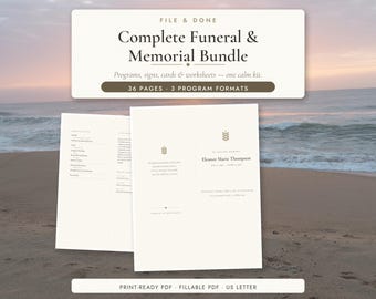 Könnte beinhalten: Ein digitales Bestattungs- und Gedenkset mit 36 Seiten und 3 Programmformaten. Der Text lautet File & Done, Complete Funeral & Memorial Bundle, Programs, signs, cards & worksheets—one calm kit und Print-Ready PDF.