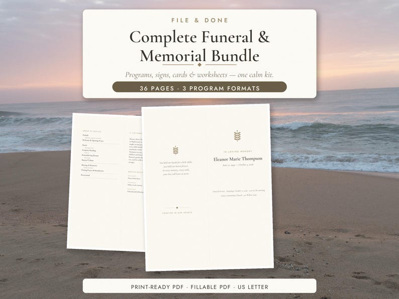 K&ouml;nnte beinhalten: Ein digitales Bestattungs- und Gedenkset mit 36 Seiten und 3 Programmformaten. Der Text lautet File & Done, Complete Funeral & Memorial Bundle, Programs, signs, cards & worksheets&mdash;one calm kit und Print-Ready PDF.