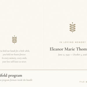 K&ouml;nnte beinhalten: Ein cremefarbenes, gefaltetes Trauerprogramm mit einem braunen Blattsymbol, dem Text In Loving Memory, Eleanor Marie Thompson, 12. Juni 1949 &ndash; 3. Oktober 2026 und einem Gedicht. Der untere Bereich enth&auml;lt den Text The bifold program und File & Done.