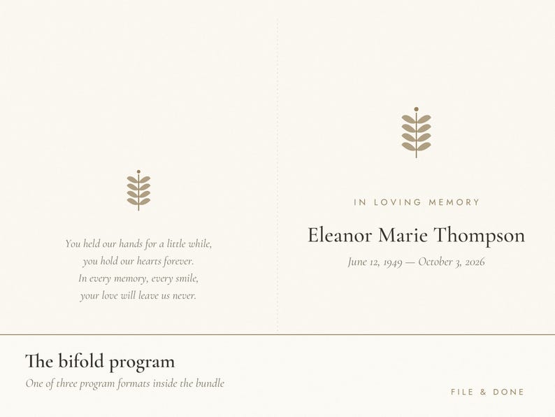 K&ouml;nnte beinhalten: Ein cremefarbenes, gefaltetes Trauerprogramm mit einem braunen Blattsymbol, dem Text In Loving Memory, Eleanor Marie Thompson, 12. Juni 1949 &ndash; 3. Oktober 2026 und einem Gedicht. Der untere Bereich enth&auml;lt den Text The bifold program und File & Done.