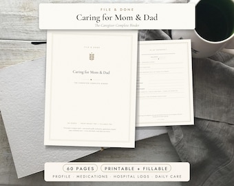 Planificador para cuidadores / Carpeta de 60 páginas para cuidadores de padres mayores: lista de medicamentos, resumen de emergencias, PDF imprimible y rellenable.