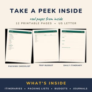 May include: Three printable US Letter pages featuring a packing checklist, trip budget, and daily itinerary. The pages have a dark green header with the text FILE & DONE. The overall text includes TAKE A PEEK INSIDE and WHAT'S INSIDE.