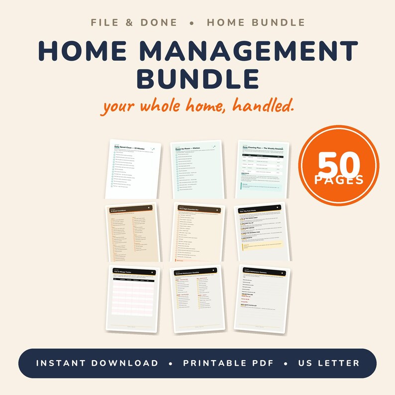 Pu&ograve; includere: Un pacchetto digitale per la gestione della casa con 50 pagine di liste di controllo e pianificatori PDF stampabili. Il testo recita FILE & DONE, HOME MANAGEMENT BUNDLE, your whole home, handled, 50 PAGES, INSTANT DOWNLOAD, PRINTABLE PDF, US LETTER.