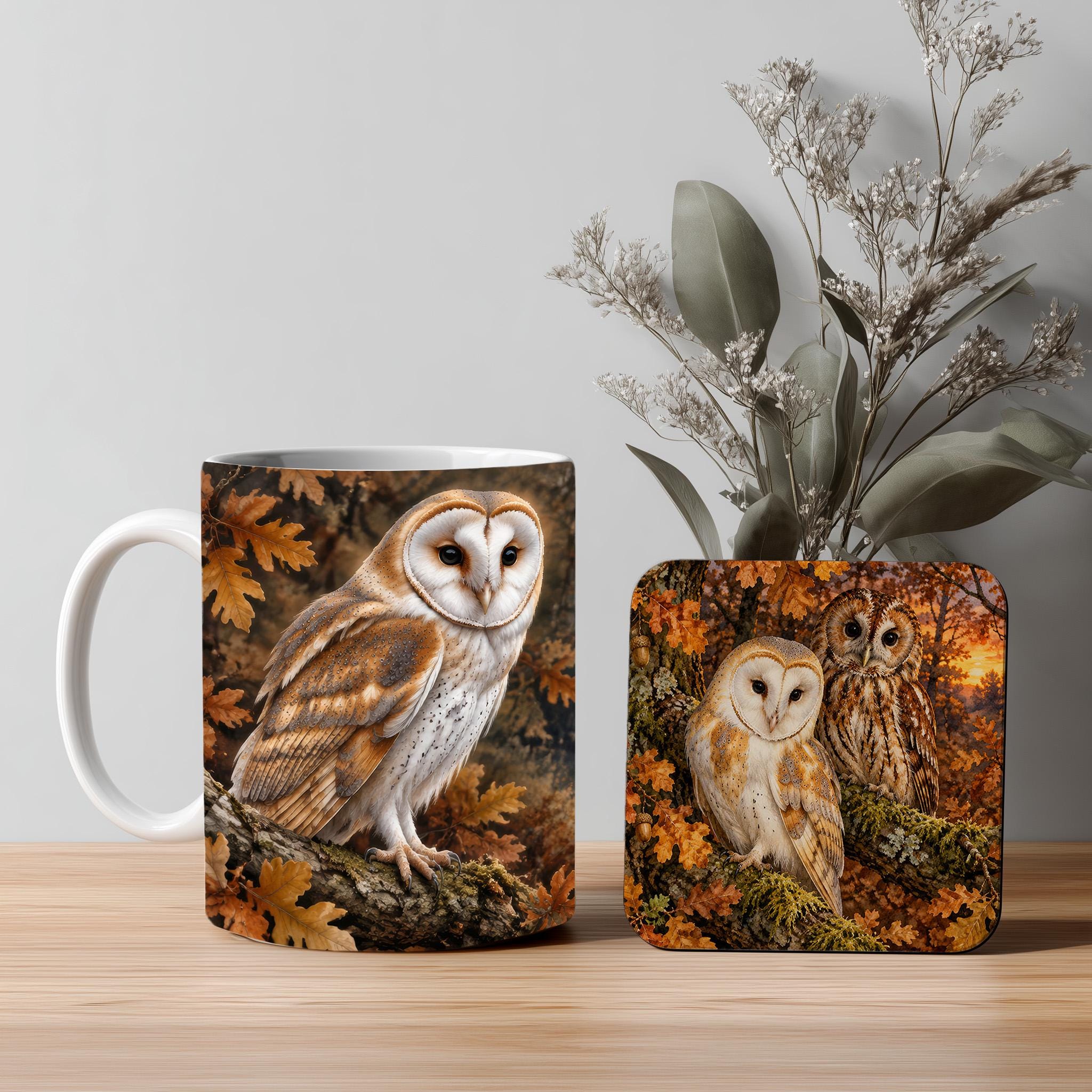 Barn Owl and Tawny Owl Mug and Coaster Gift Set, Watercolor Woodland Bird Coffee Cup, Wildlife Gift 