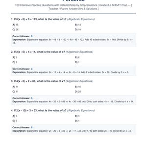 Op de afbeelding: Een pagina getiteld SHSAT Math Practice: Fractions, Decimals & Percents, met vier algebraïsche vergelijkingen met meerkeuzeopties, juiste antwoorden en stapsgewijze uitleg voor leerlingen die zich voorbereiden op examens in groep 8-9.
