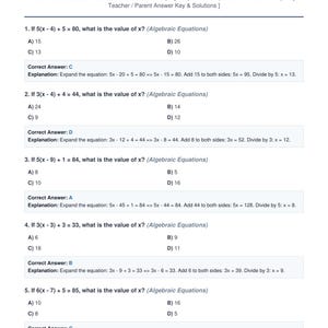 Könnte beinhalten: Eine Seite mit dem Titel SHSAT Math Practice: Geometry & Measurement, die fünf algebraische Gleichungsaufgaben mit Auswahlmöglichkeiten und detaillierten Schritt-für-Schritt-Lösungen enthält. Der Text umfasst Aufgaben wie 5(x - 4) + 5 = 80.