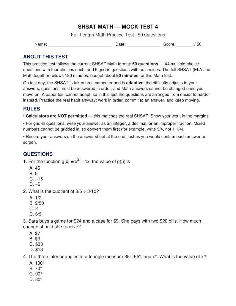 SHSAT Math Practice Test 4 | 50 Questions With Step-by-step Solutions ...