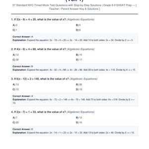 NYC SHSAT Math Full Mock Test Vol 1 | 57 Exam-Style Practice Questions & Detailed Step-by-Step Answer Key PDF