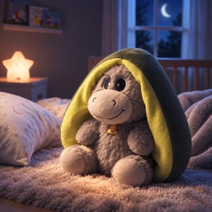 May include: A plush gray donkey toy with large dark eyes and a small gold bell around its neck, nestled inside a soft, green and yellow avocado-shaped shell. The stuffed animal has a fuzzy texture and sits upright on a textured surface.