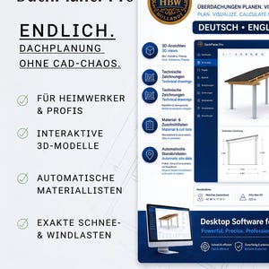 May include: A promotional graphic for DachPlaner Pro software, featuring a list of features like 3D views, technical drawings, and material lists. The display shows a computer monitor with a roof design interface, technical diagrams, and the Markus HBW Holland logo.