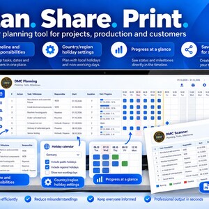 Könnte beinhalten: Eine digitale Planungssoftware-Oberfläche mit dem Titel Plan. Share. Print. zeigt ein Projektmanagement-Dashboard mit Aufgabenlisten, Zeitplänen und Fortschrittsverfolgung. Die Anzeige enthält Symbole für Feiertagseinstellungen, Meilensteinansichten und PDF-Exportoptionen.