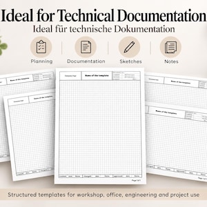 Könnte beinhalten: Eine Sammlung weißer Papiervorlagen mit schwarzem Raster, Kopfzeilen für Firmenlogos und Vorlagennamen sowie Fußzeilen für Daten und Genehmigungen. Der Text lautet Ideal for Technical Documentation, Planning, Documentation, Sketches, Notes und Structured templates for workshop, office, engineering and project use.